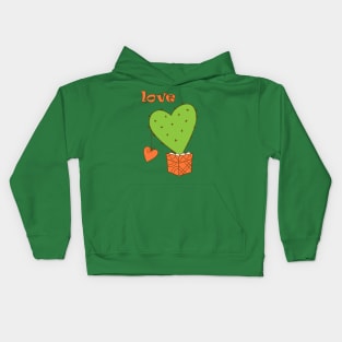 cartoon green cactus with orange heart and love Kids Hoodie
